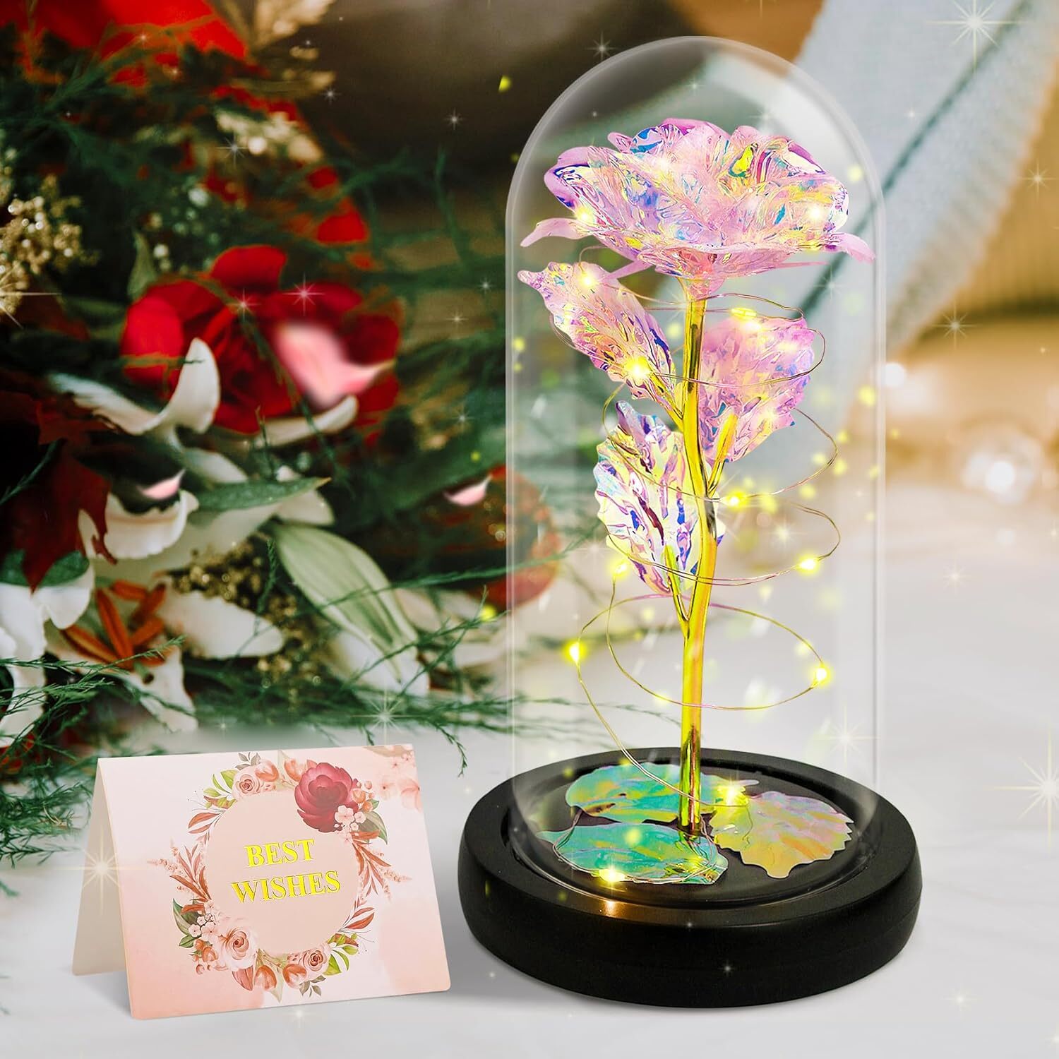 Eternal Rose Flowers with LED Light in Glass Display Case
