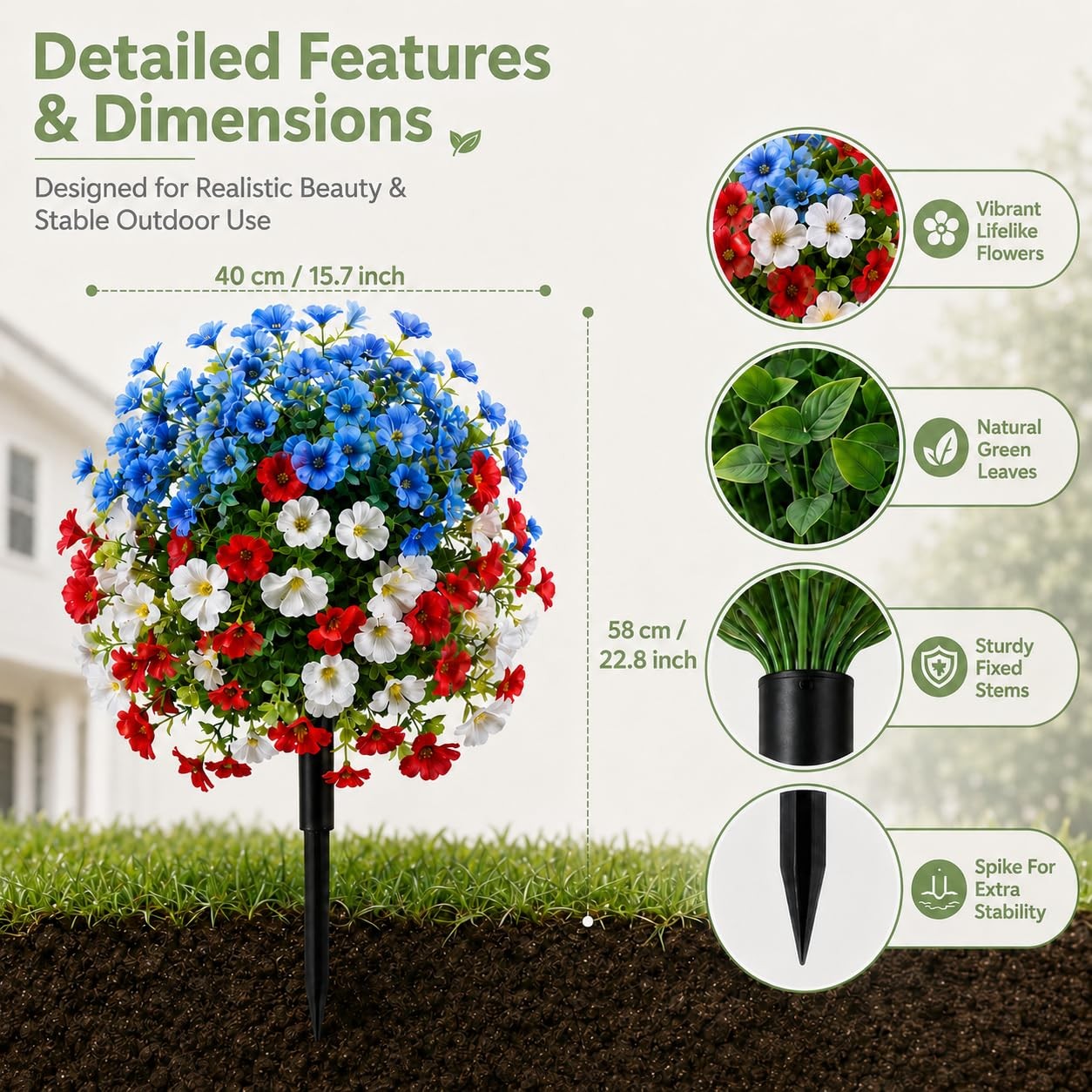 22″ Red White Blue Artificial Flowers with Ground Stakes, 4th of July Decor U…