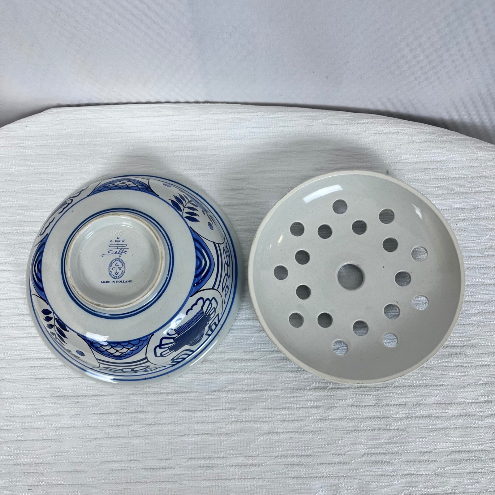Vintage Delft Holland Flower Frog Pot Holder Blue White Ceramic 1965