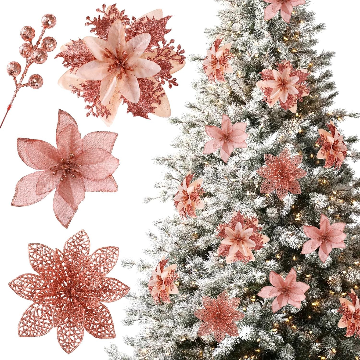 30pcs Poinsettia Artificial Christmas Flowers Decorations with Clips and Berr…