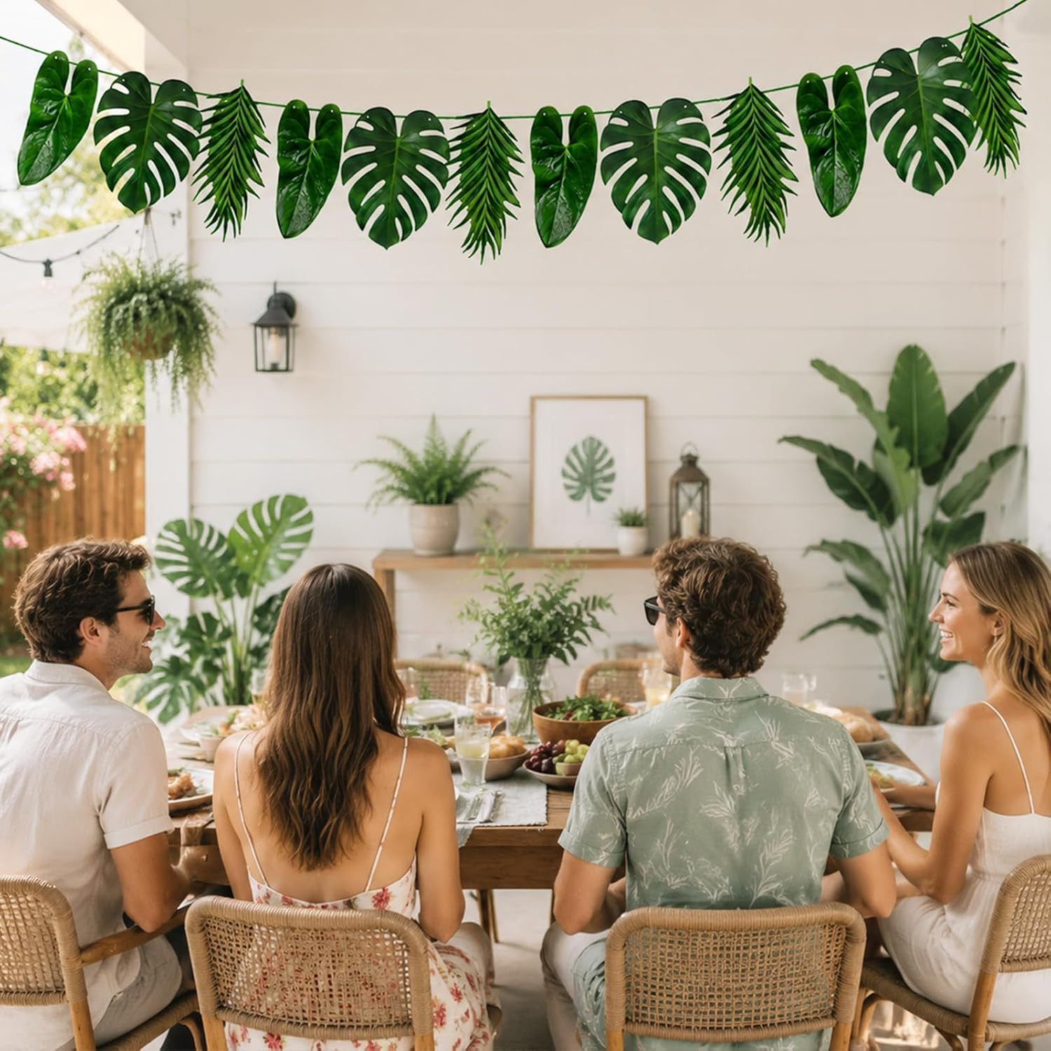 Tropical Leaf Garland with Palm and Monstera Leaves, Hanging Hawaiian Cardboard