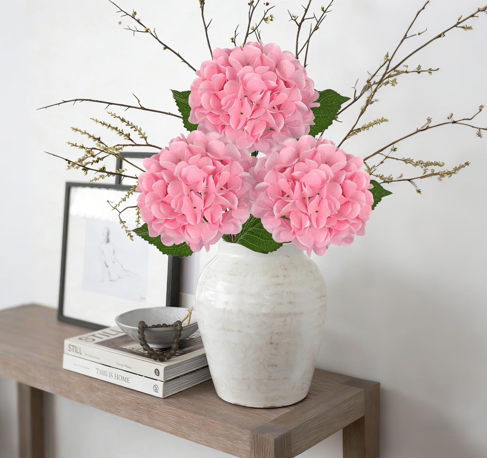 3Pcs Pink Hydrangea Artificial Flowers Real Touch Faux Silk Hydrangeas Flower…