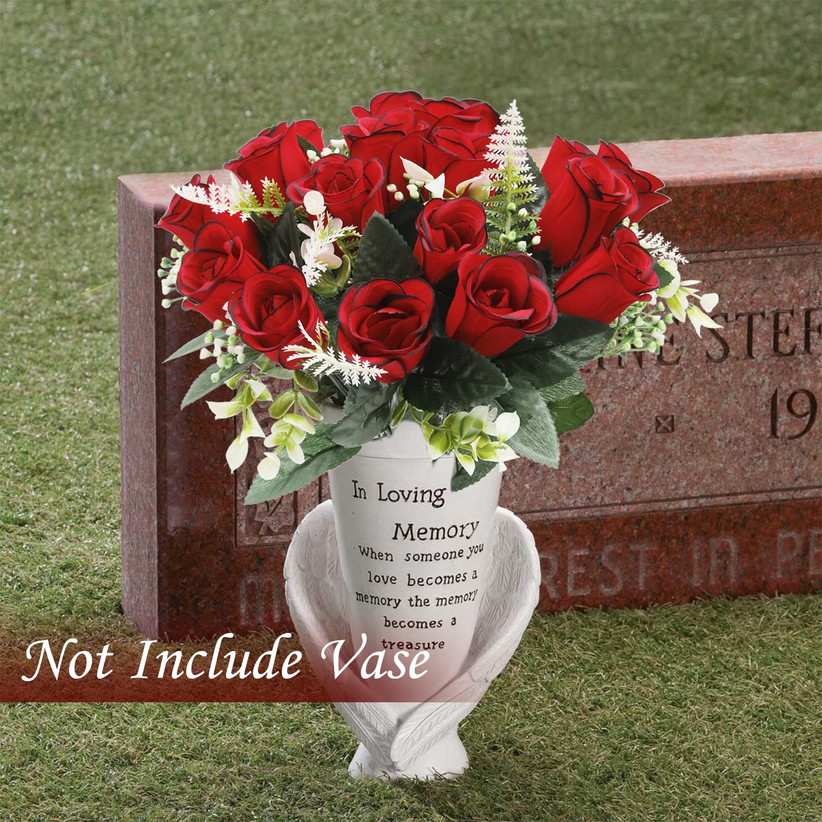 2Pcs Artificial Cemetery Flowers for Grave Silk Memorial Red Rose Flowers Out…