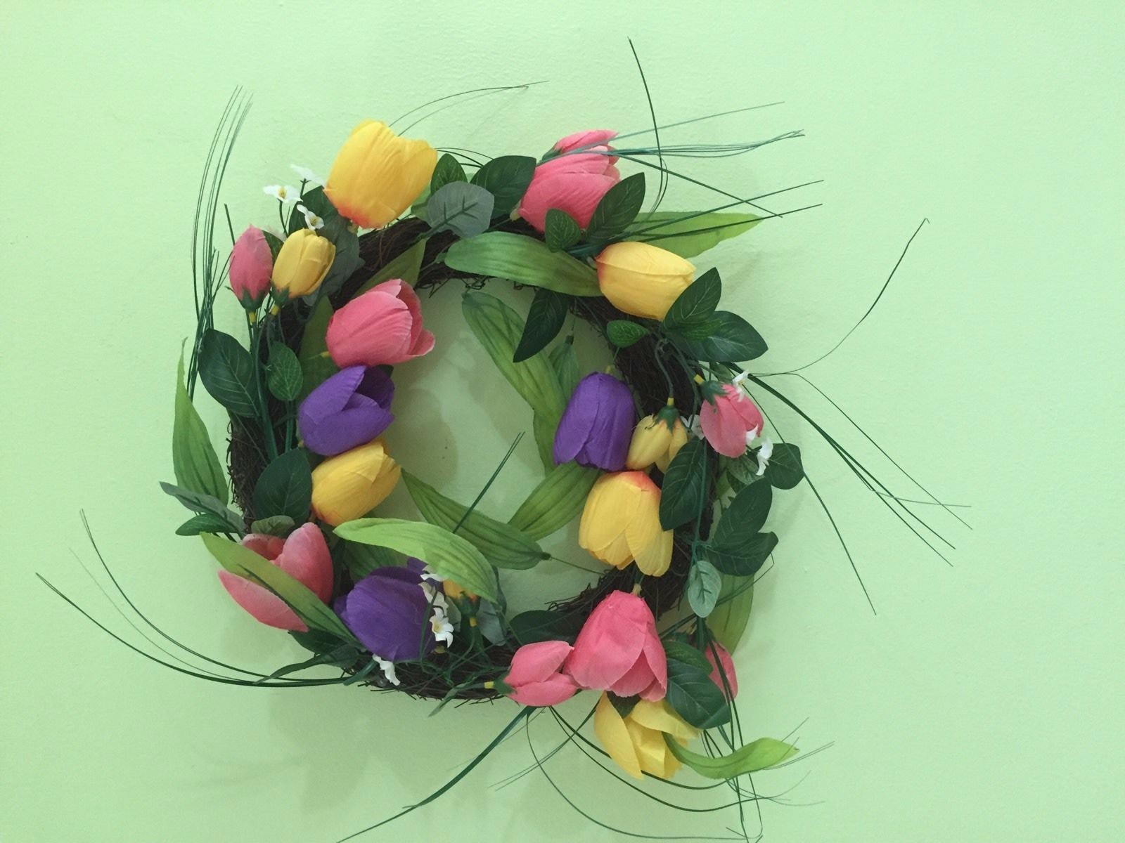 Beautiful Bright Floral Pink Purple Yellow Tulip Spring Door Wreath Door Decor
