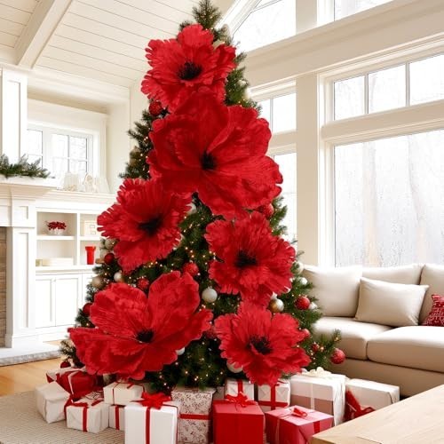6 Pcs Red Velvet Poinsettia & Magnolia Flowers – Witch Party Decor, Wedding, Bir
