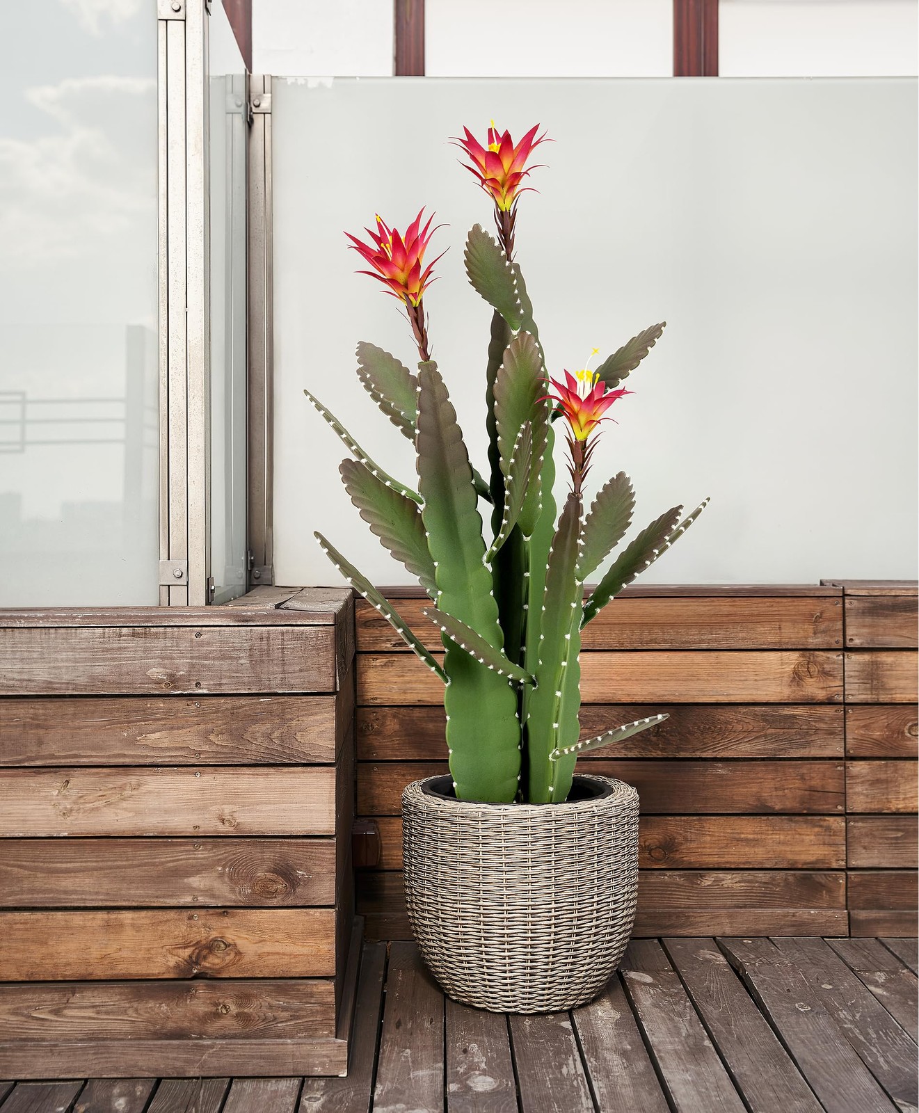 33 Inch Large Artificial Cactus with Magenta Flowers in Pot with Natural Grav…