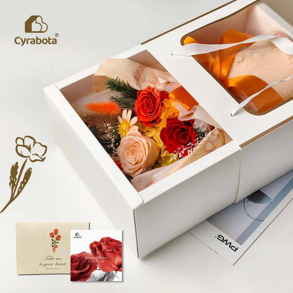 13.1 In. Orange Artificial Preserved Rose Bouquet-Includes Gift Box and Greeting