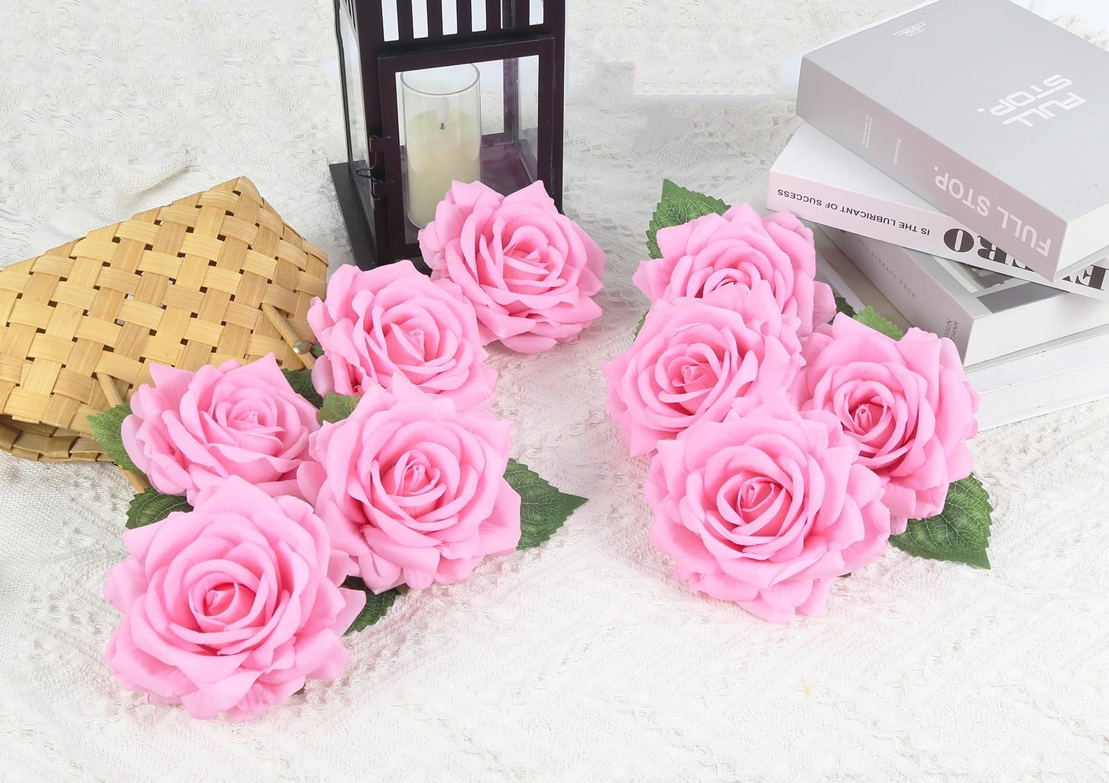 5 Inches Pink Large Rose Heads Artificial Flowers Pink Rose with Stems10pcs F…