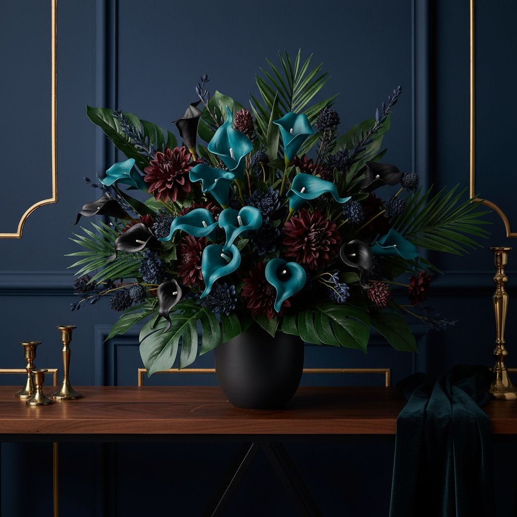 Teal Calla Lily Stems Faux Floral Bouquet Peacock Blue Flowers 5 Stem Bunch Mode
