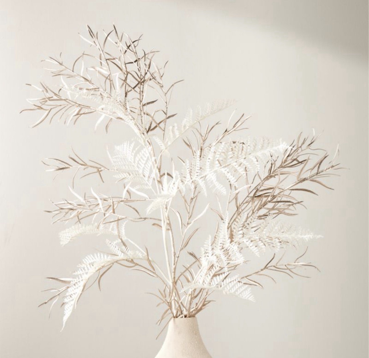 CB2 Modern 36” Faux White Fern & 51” Champagne Gold Willow Leaf Holiday Florals