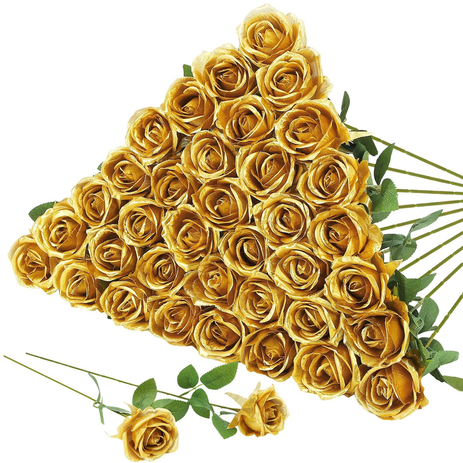 Hoemwarm 36 Pcs Gold Artificial Roses with Long Stems, Fake Silk Rose Artific…