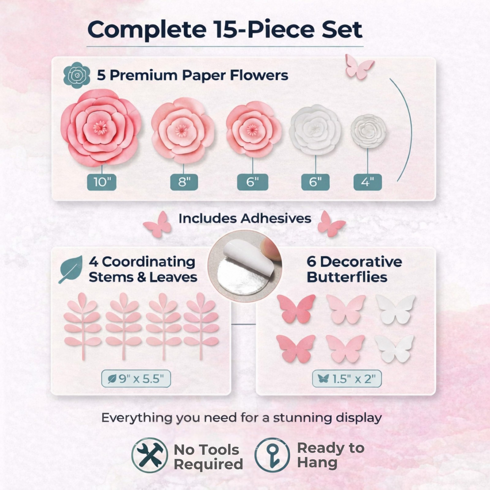 15pc Large Flowers Decorations for Wall – Reusable 3D Wall Decor for Girls Ro…