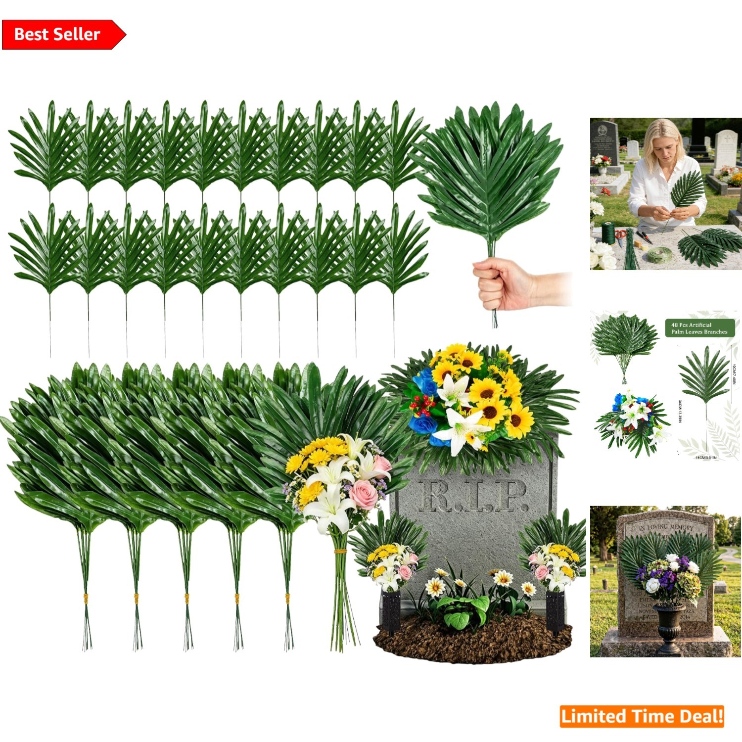 Versatile 48 PCS Faux Palm Leaves for DIY Grave Arrangements and Celebrations