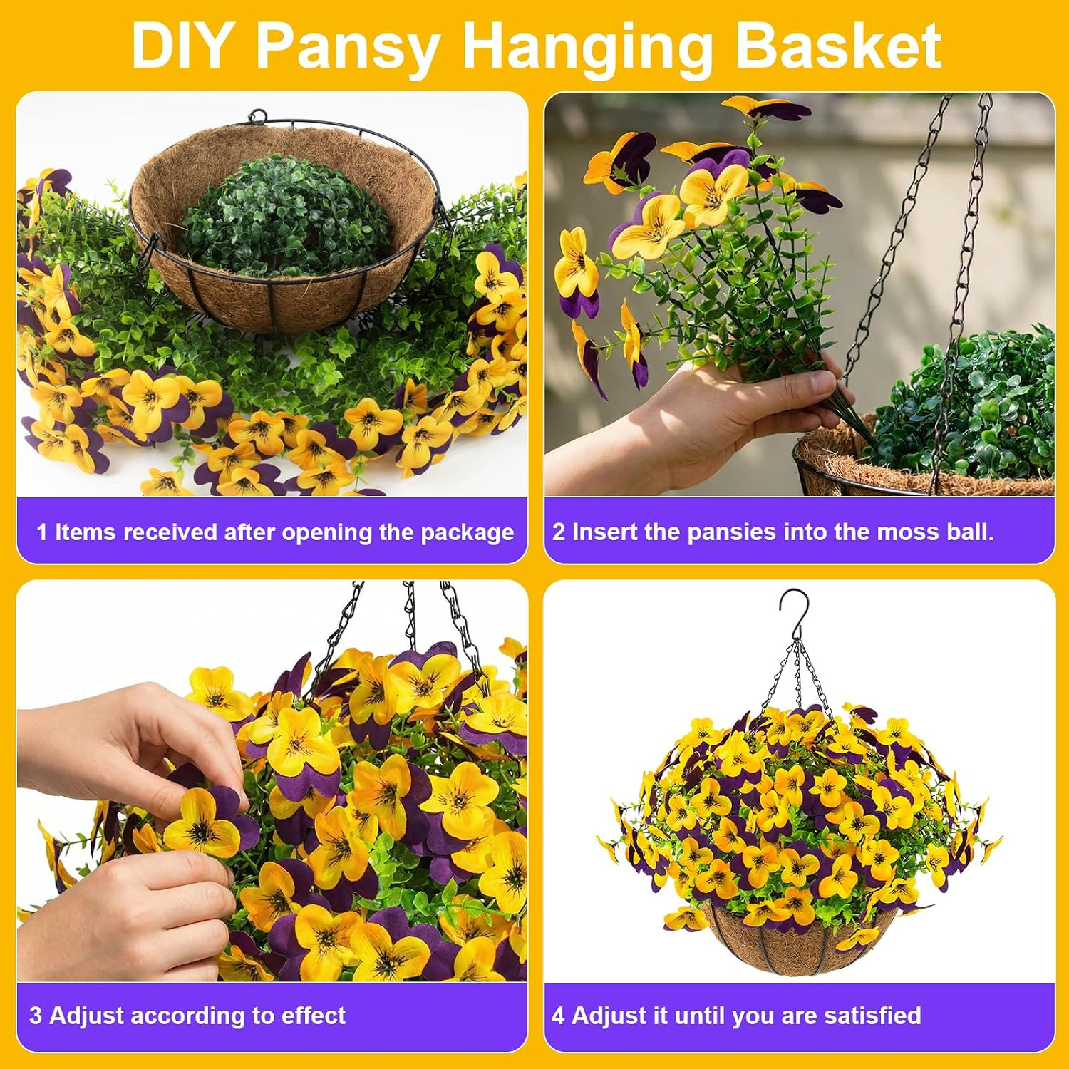 2 Set Artificial Pansy Flowers with Hanging Baskets for Spring Decor