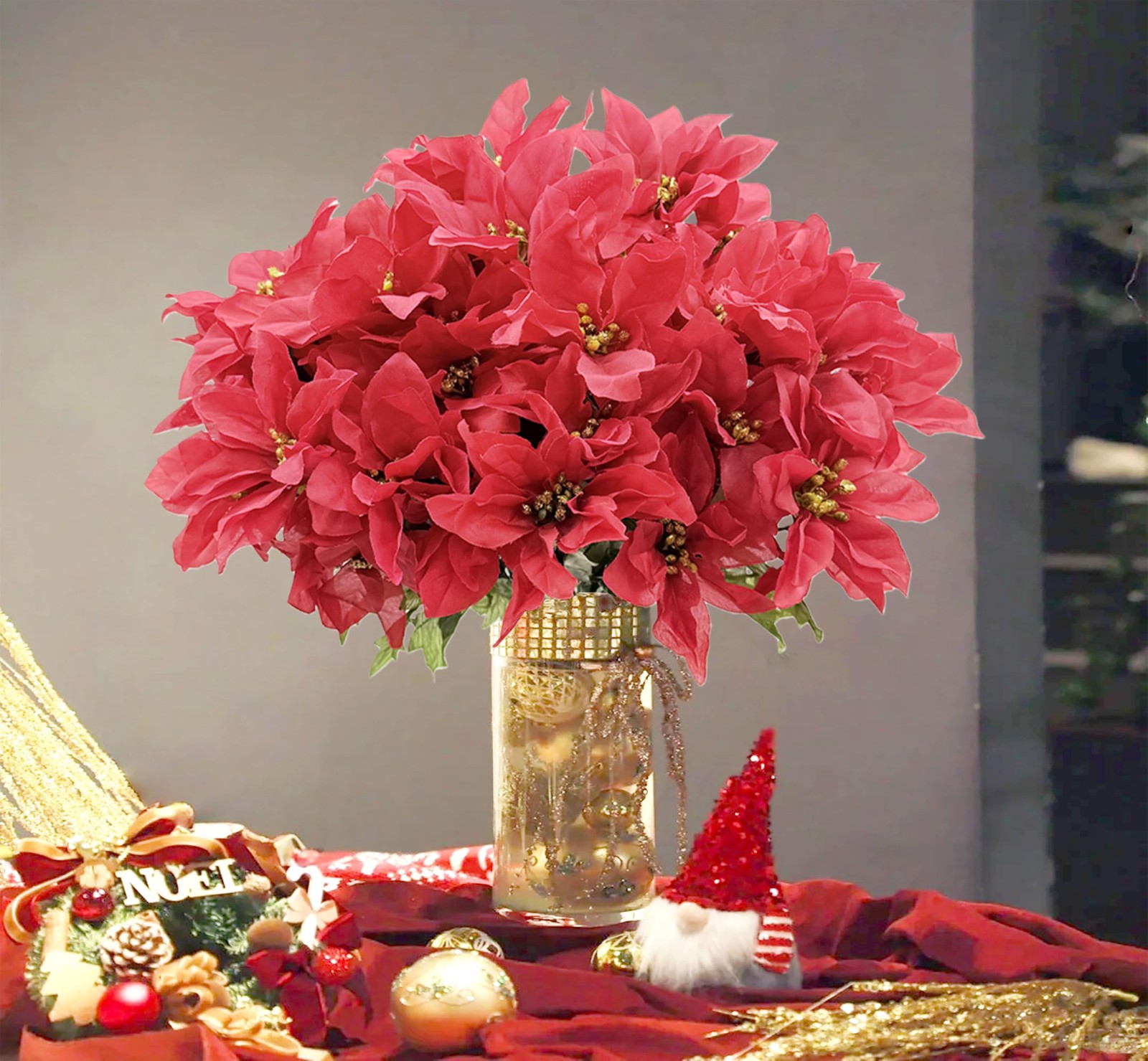 8 PCS Christmas Artificial Flower Red Poinsettia 7 Head Silk Floral Bouquet