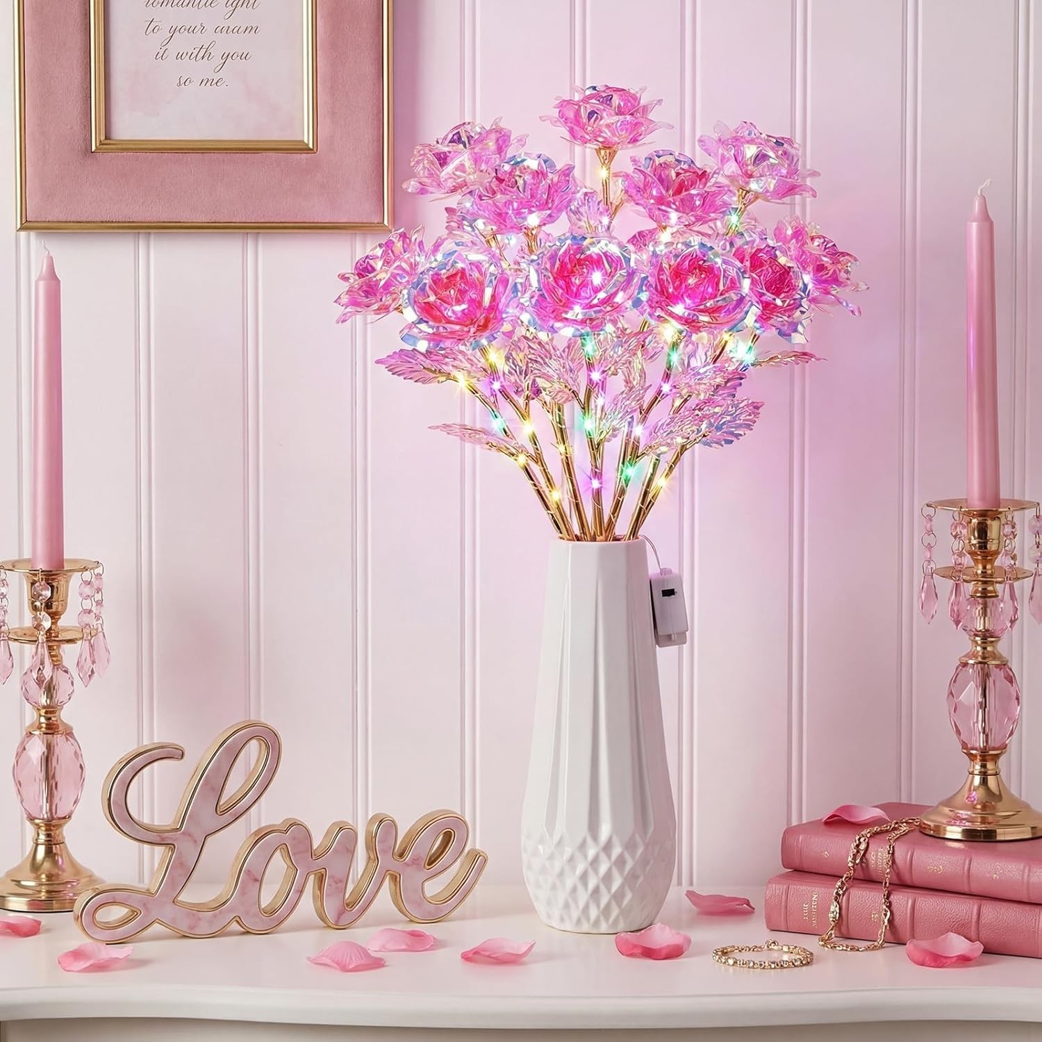 Lyrow 6 Pcs Valentines Galaxy Rose LED Light up Rose Flower Gifts Crystal Artifi