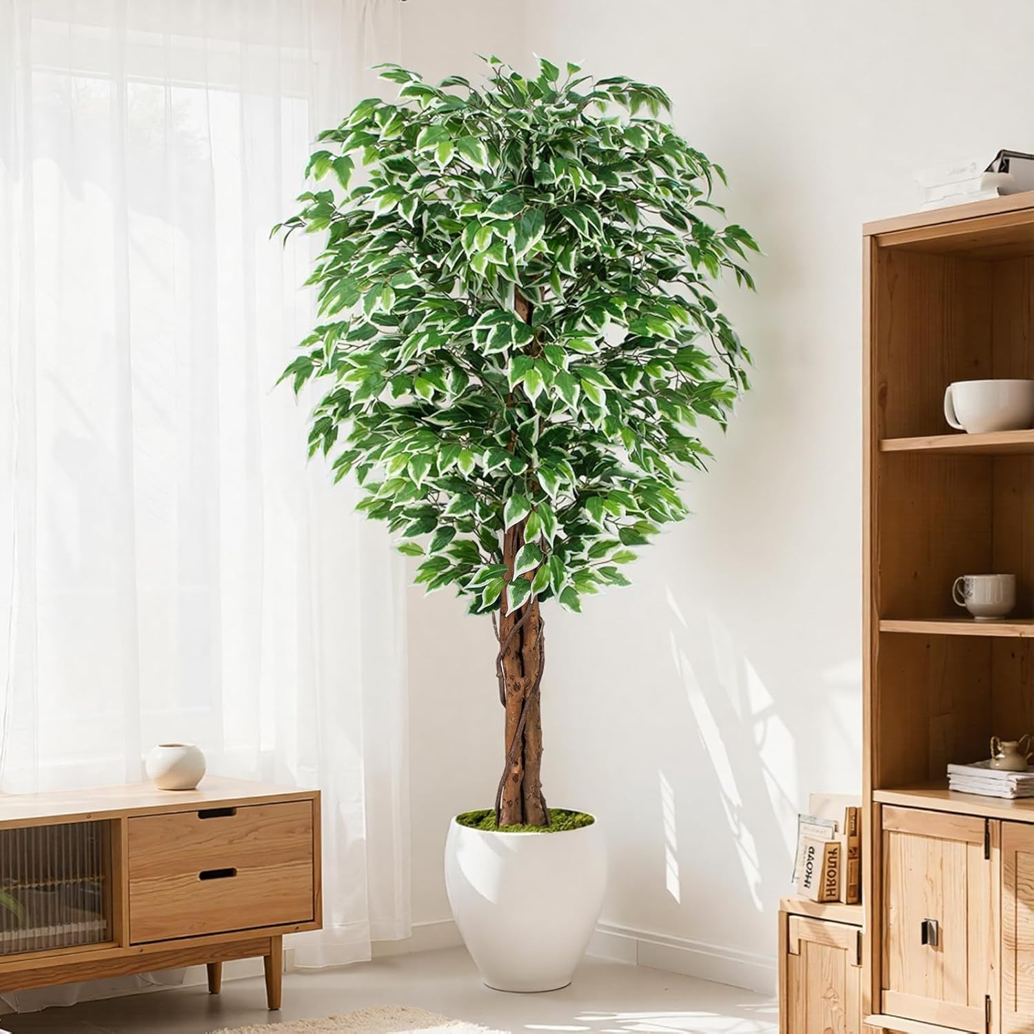 6.2ft Ficus Artificial Trees with 3 Natural Curved Trunks, 74″ Tall Lush Faux
