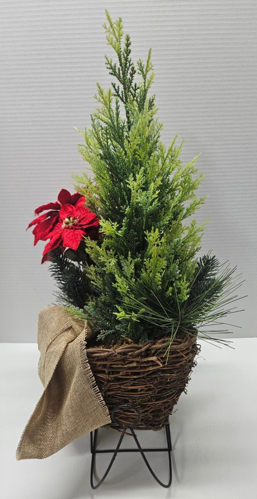 Christmas Sleigh Centerpiece Faux Cedar Pine Poinsettia Burlap Wicker 21in Metal