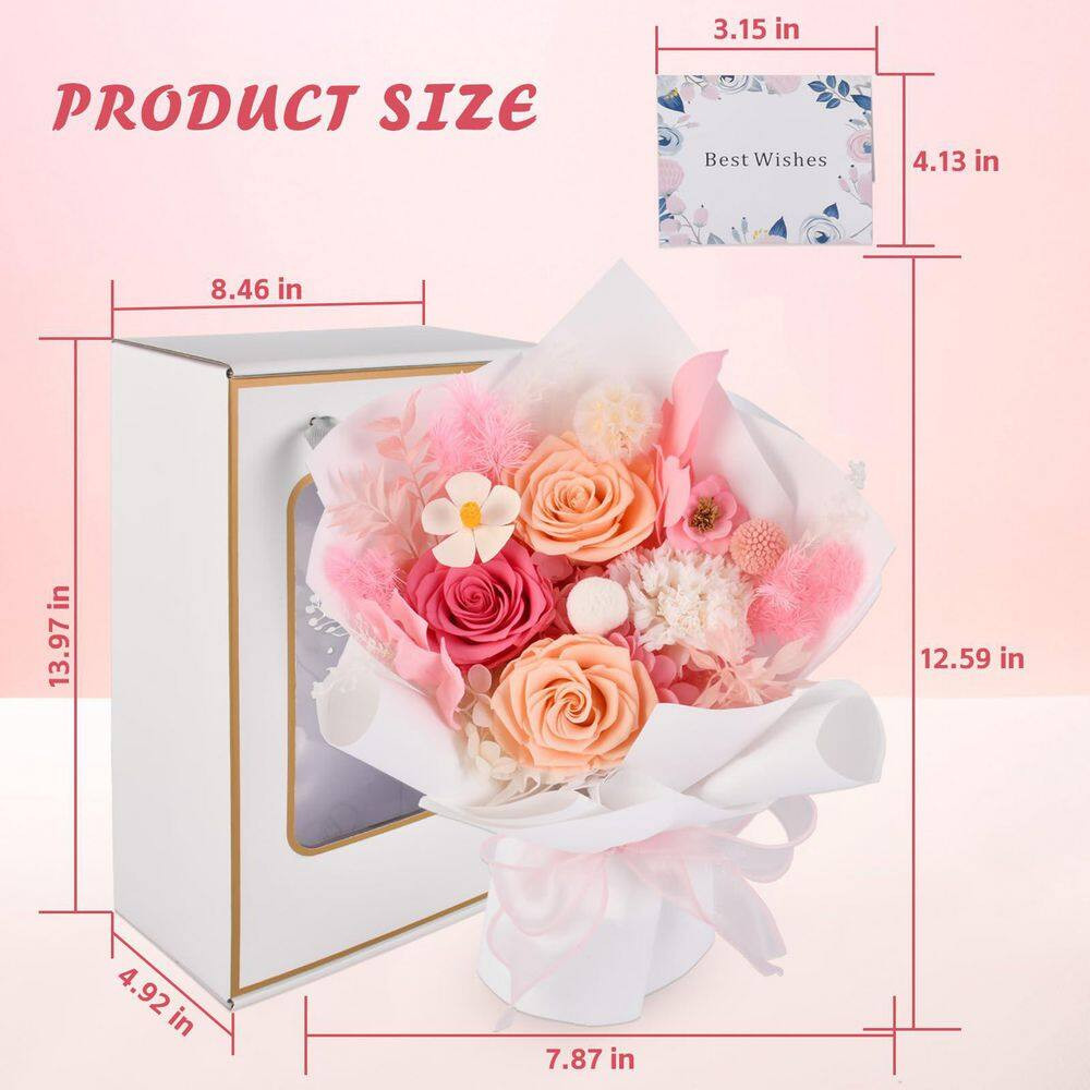 12.59-Inch Pink Artificial Preserved Rose Bouquet-Includes Gift Box and Greeting