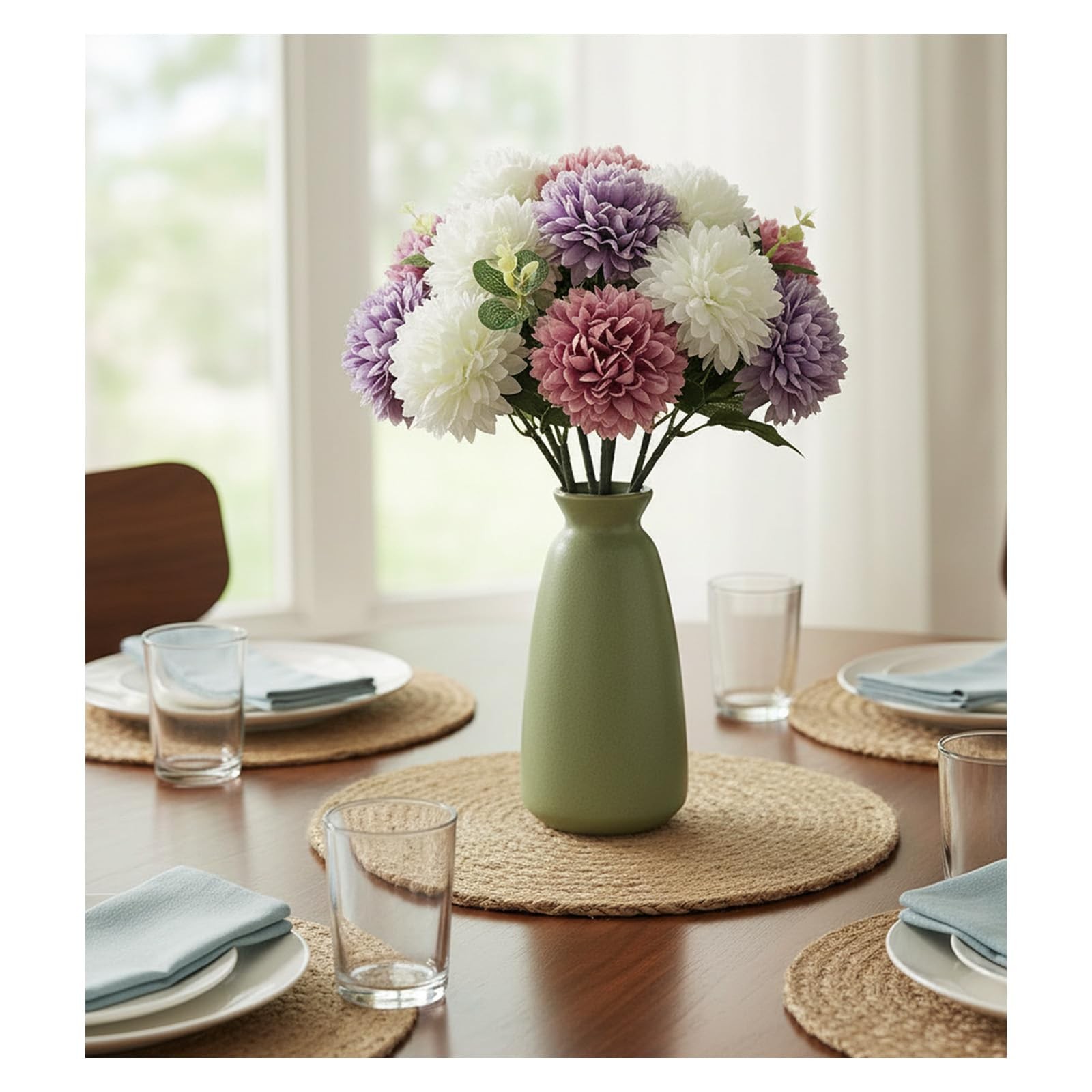 Artificial Silk Mums Chrysanthemum Flowers with Faux Eucalyptus Stems Decor
