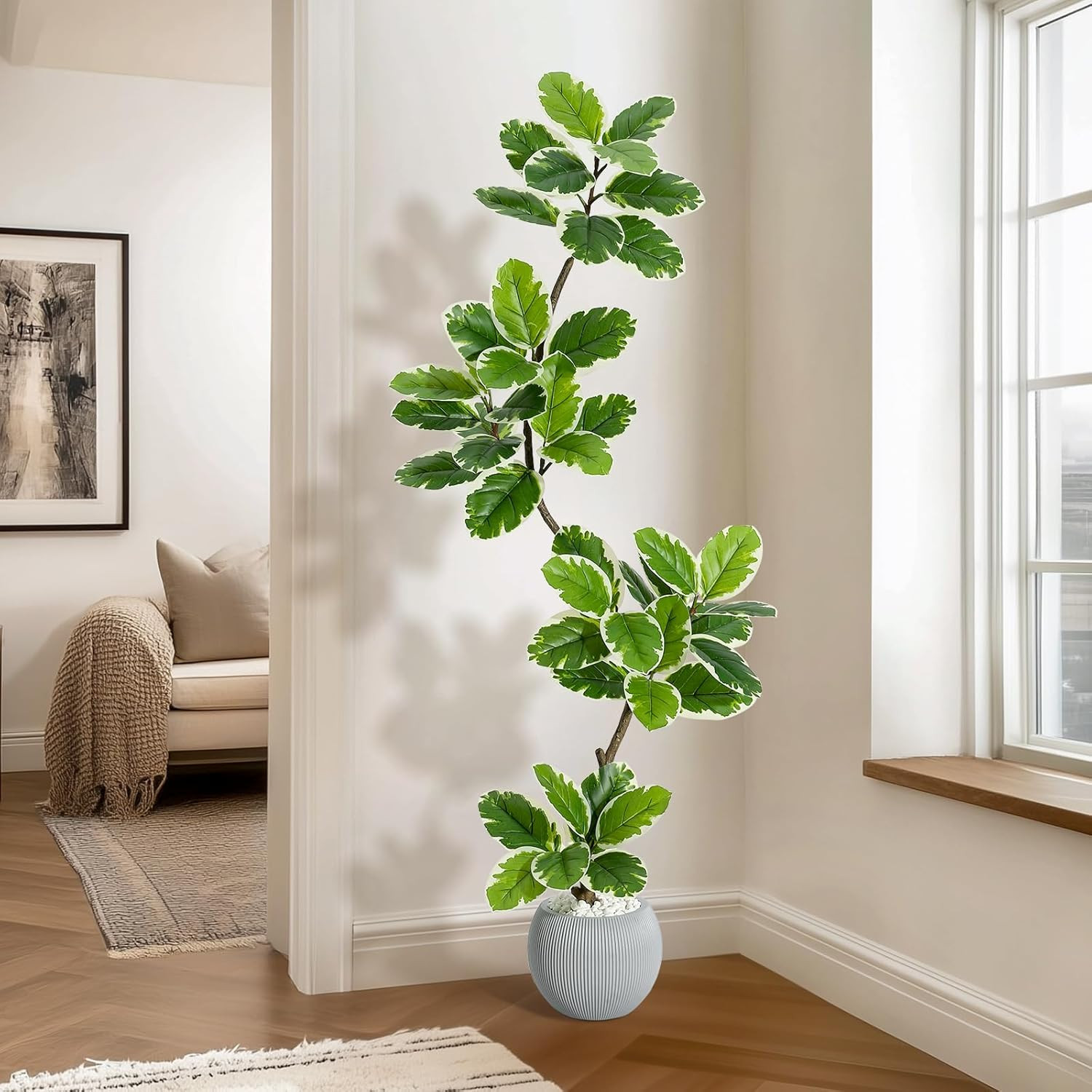 7FT Fiddle Leaf Fig Tree – Realistic Faux Indoor Plant with Planter & Pebbles