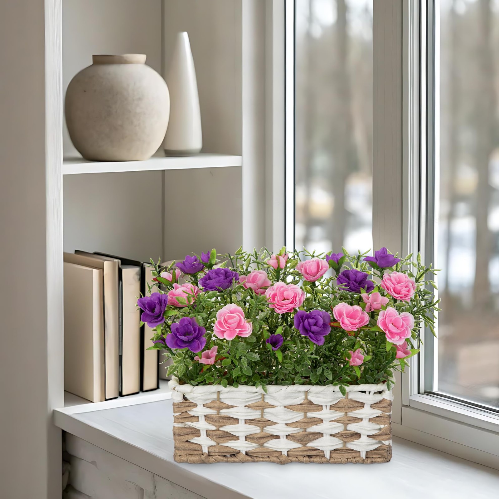 Artificial Rose Flowers with Woven Basket, Faux Blooming Roses in Fake Rattan…