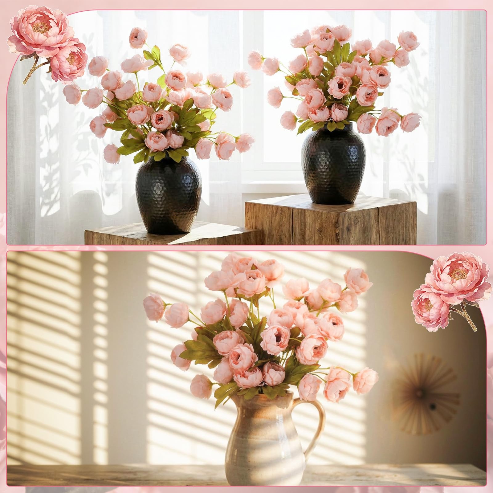 8 Pcs Faux Peony Flowers with Stems, Champagne Pink Artificial Silk Peonies, …