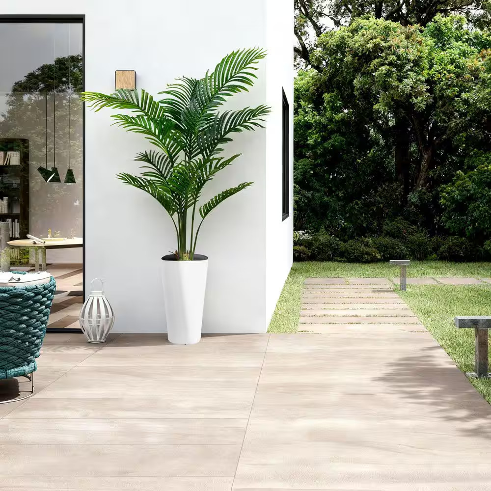 5 Ft Artificial Palm Tree White Pot with Real Bark Design Faux Areca Palm Tree f