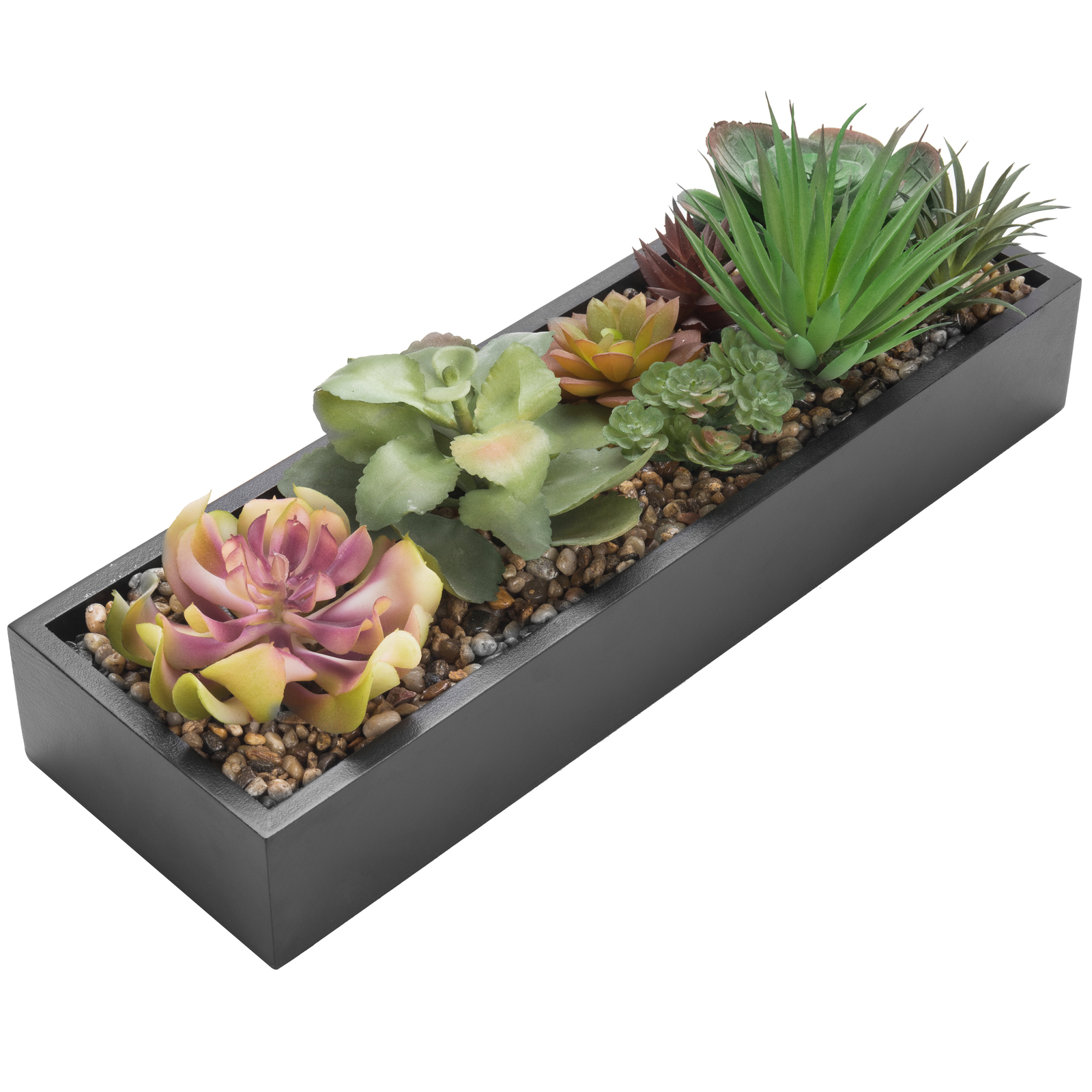 MyGift Assorted Artificial Succulent Plant Arrangement in Black Wood Planter Box