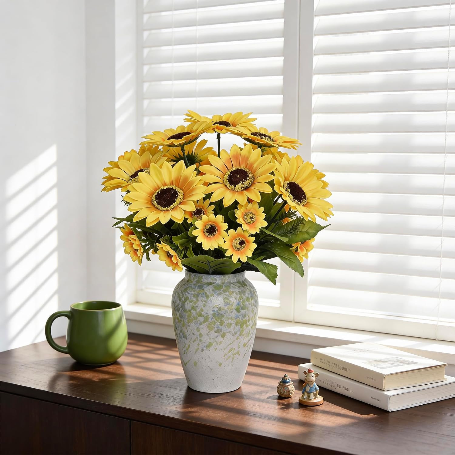 14″ Artificial Sunflowers Arrangement in Green & Blue Speckled Ceramic Vase – Fa