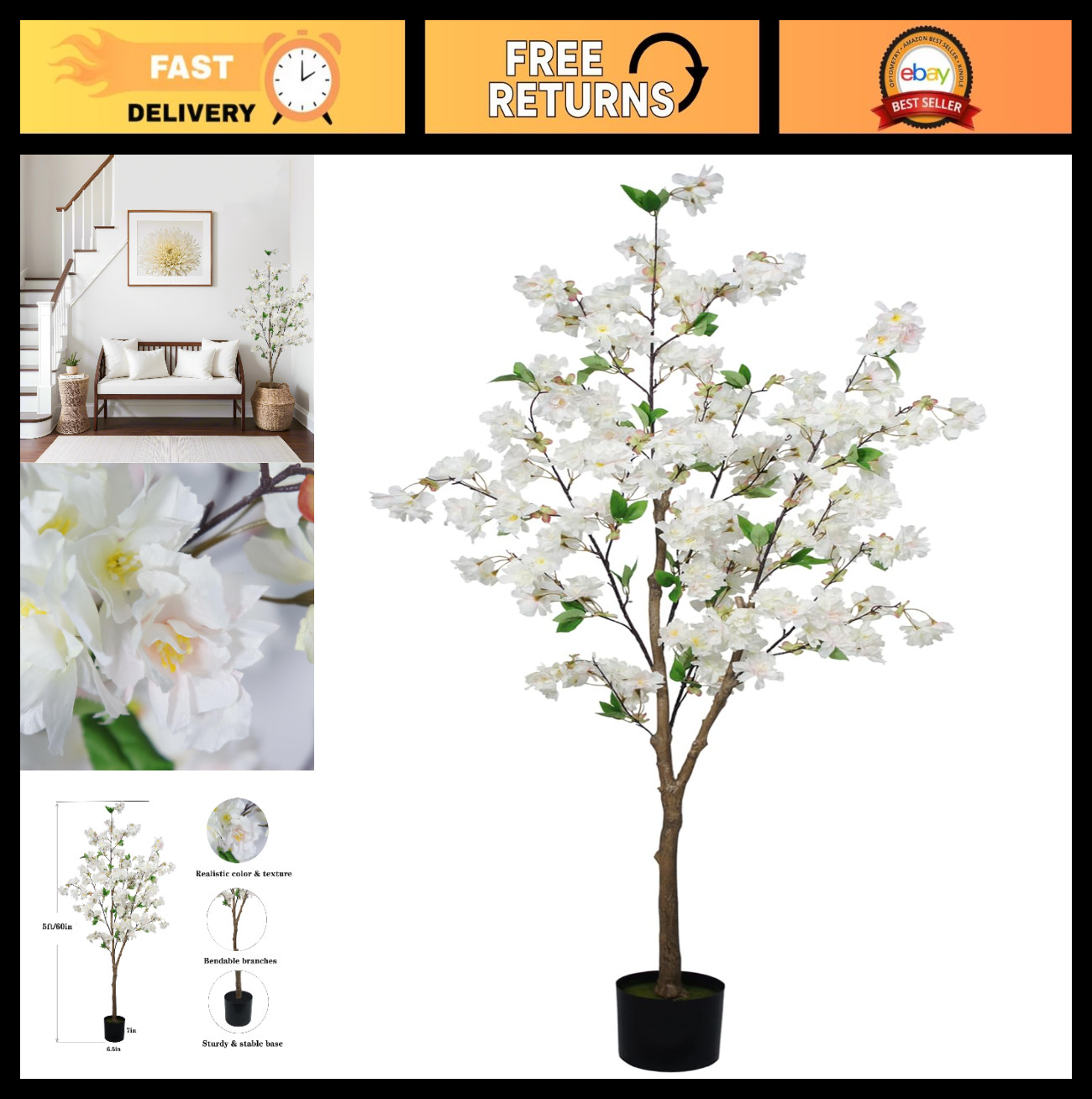 5FT Realistic White Cherry Blossom Tree in Pot – Indoor Decor for Garden, Office