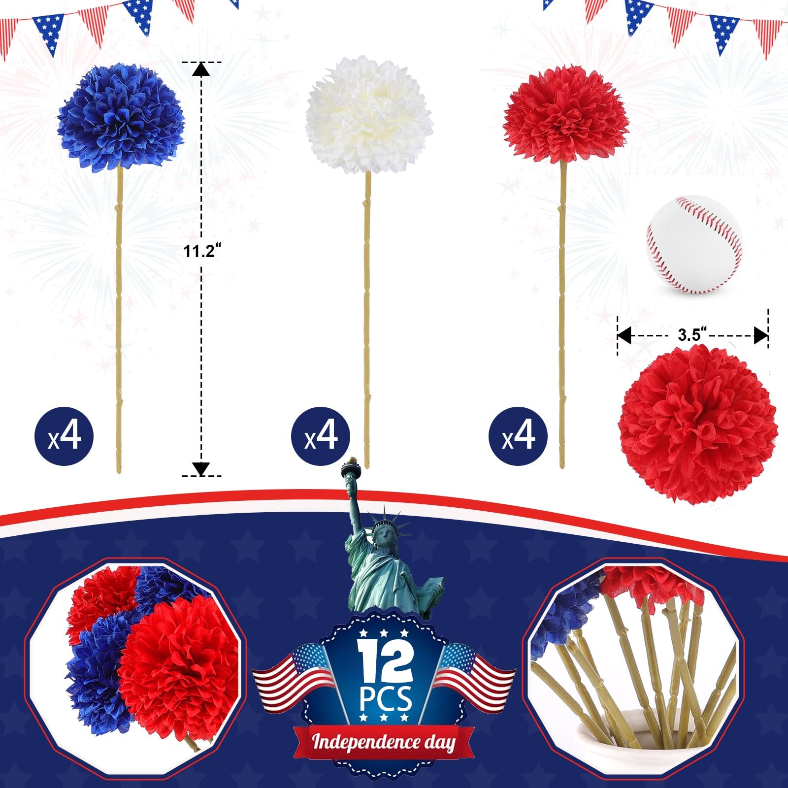 12 Pcs Artificial Chrysanthemums Flowers Patriotic Flowers 4th of July Fake M