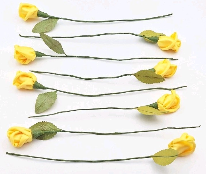 VTG Handmade Satin Ribbon Rose Bud Flower Bouquet Flexible Wire Stem Yellow 8Pcs