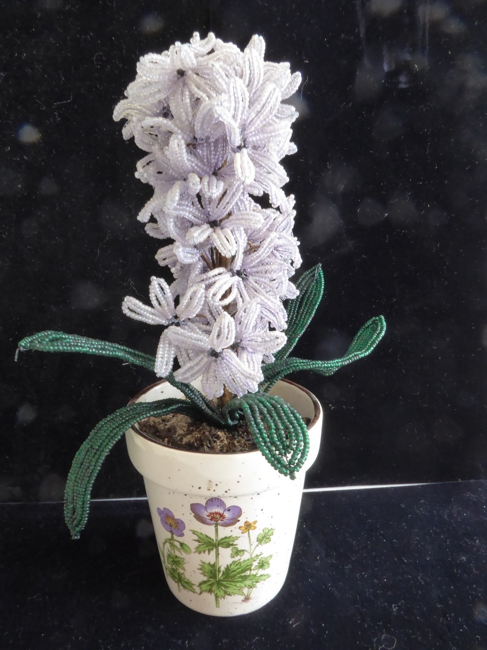 Vintage French Micro Seed Glass Beaded Lilac Color Hyacinths Flower in Pot 9.5″