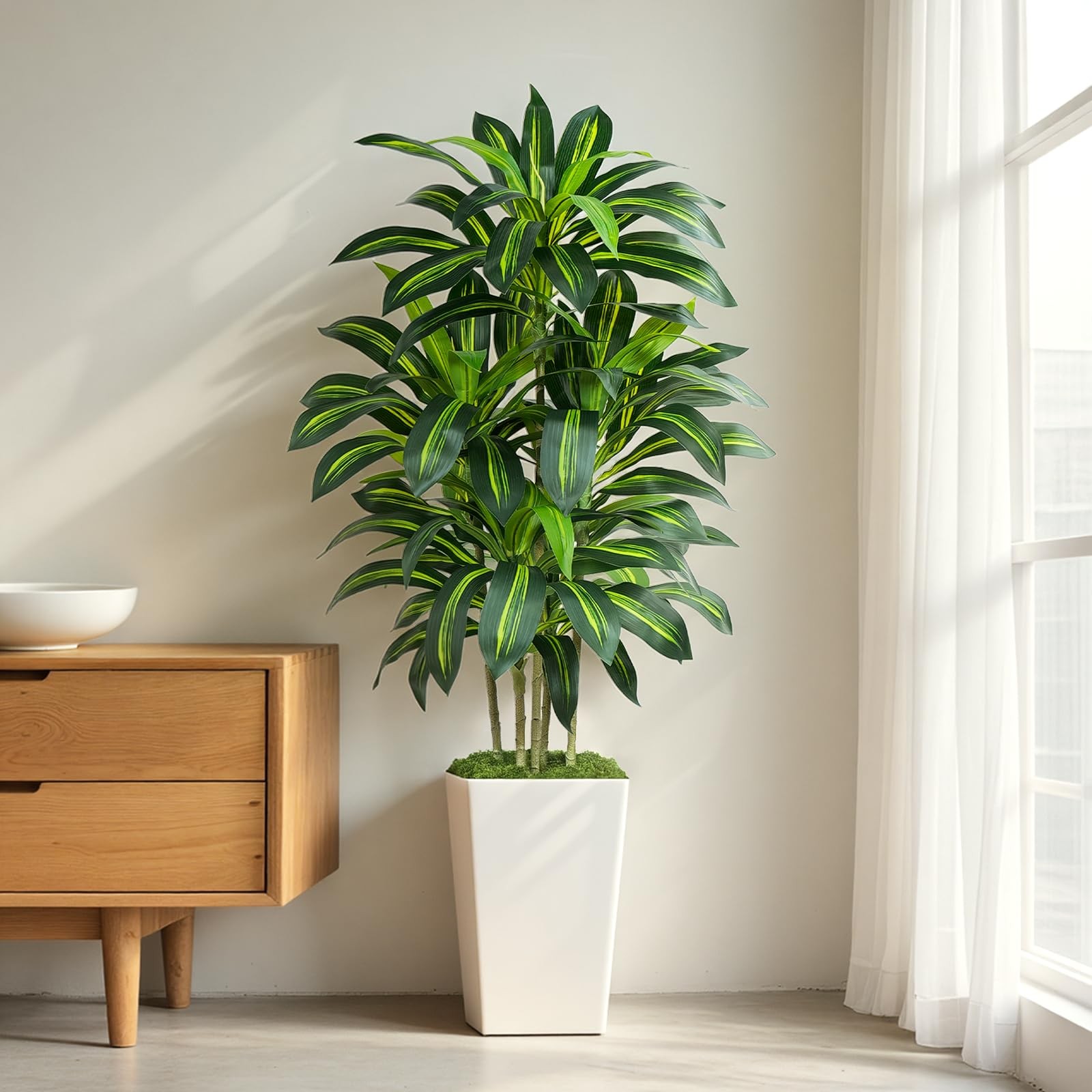 5FT Artificial Dracaena Tree – High-Density Foliage Fake Plant with White Tal…