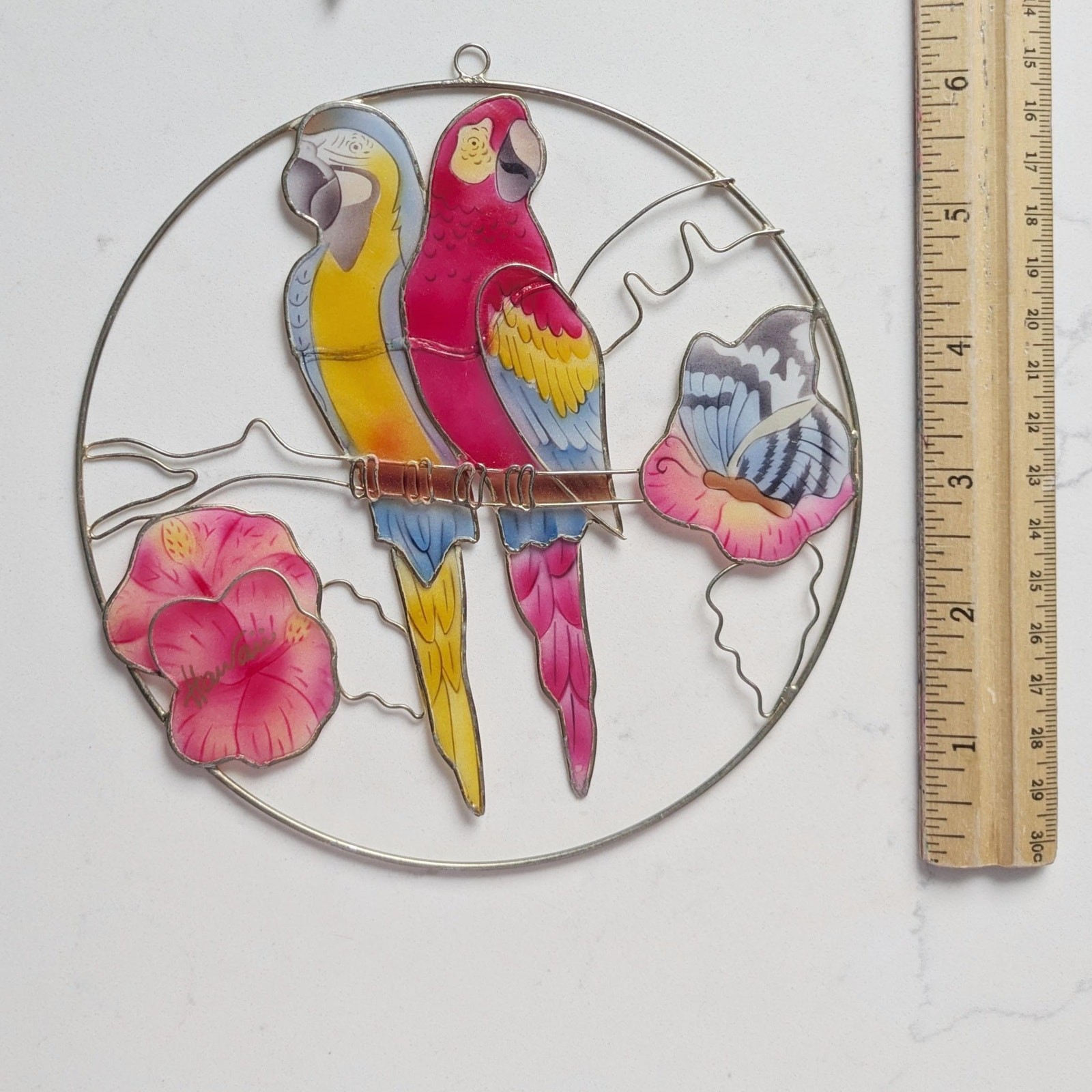 Vintage 1980s Hand-Painted Tropical Parrot Sun Catcher – Stained Glass-Style