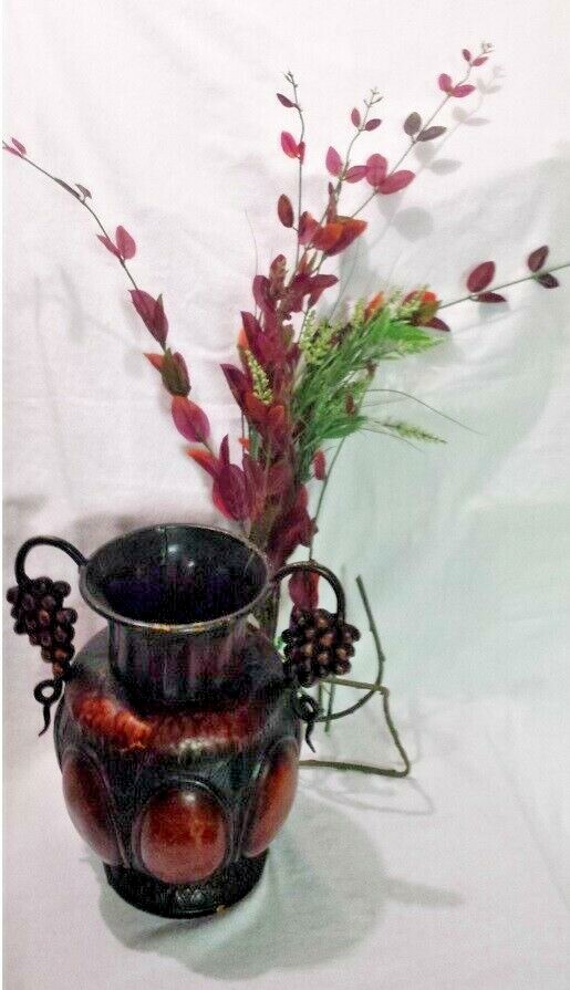 Metal Ornate Vase 13.75″ w/ Artificial Floral Sprigs Heavy Decorative Container