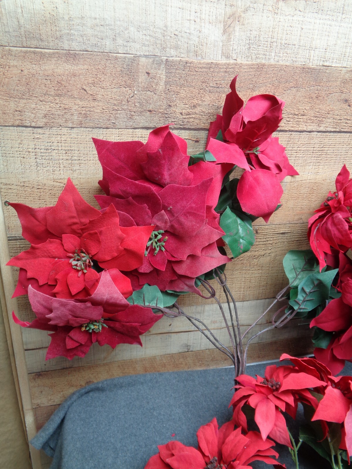 4 – Vintage Flocked Red Poinsettias 14″ & 18″ Artificial Christmas Stems