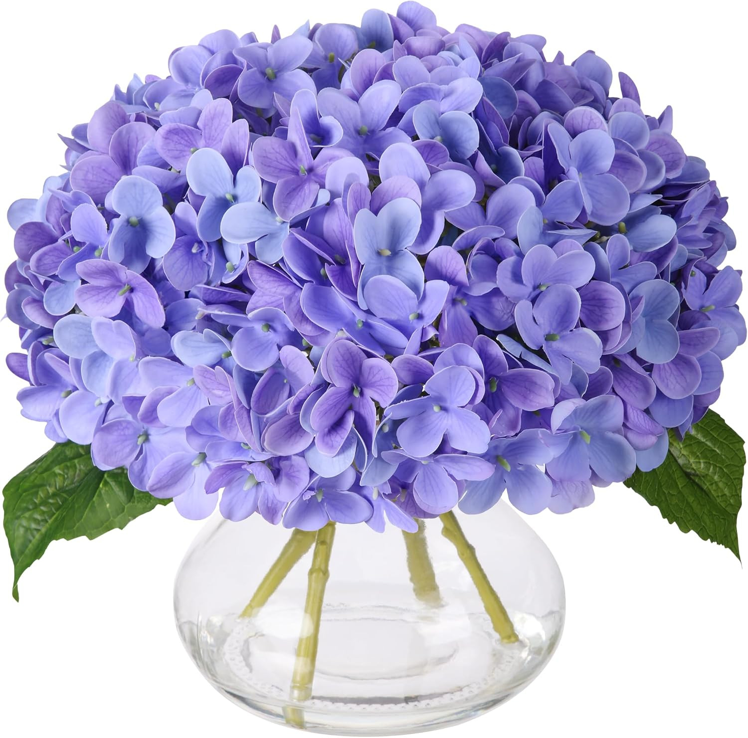 Purple Real Touch Faux Hydrangea in Glass Vase – No Watering Needed Decor