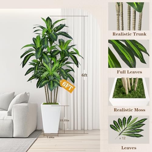 6FT Artificial Dracaena Tree, Fake Tree Indoor with White Tall White-6ft