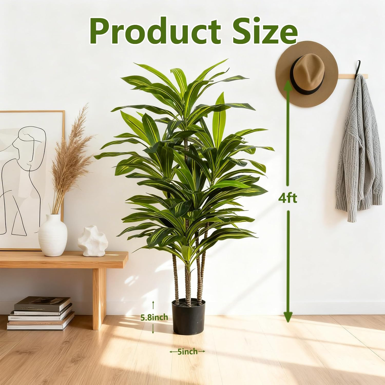 4ft Dracaena Artificial Plant – Large Tropical Indoor Fake Tree with Lifelike Le