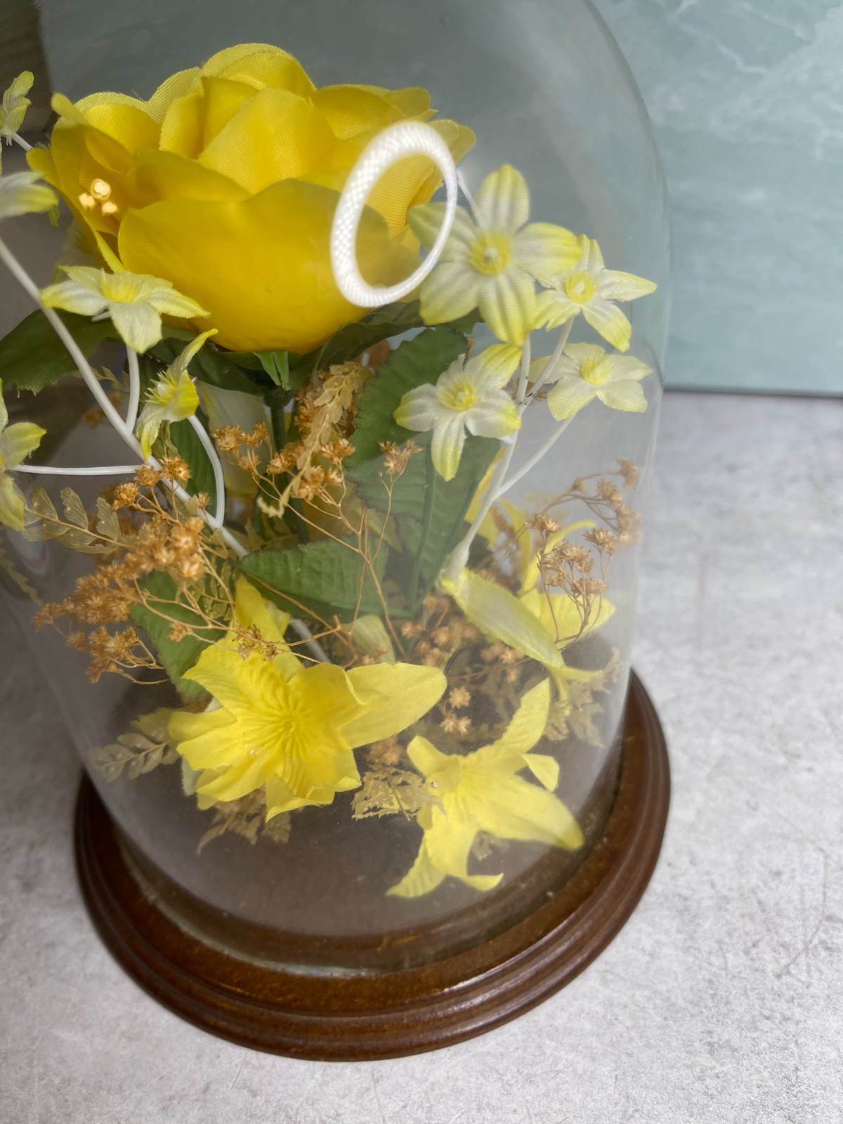 Vintage Butterfly Cloche Dome silk flowers yellow Wood Frame 9″
