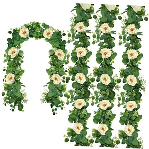 4 Packs 24FT Artificial Eucalyptus Flower Garland with White Camellias, Faux