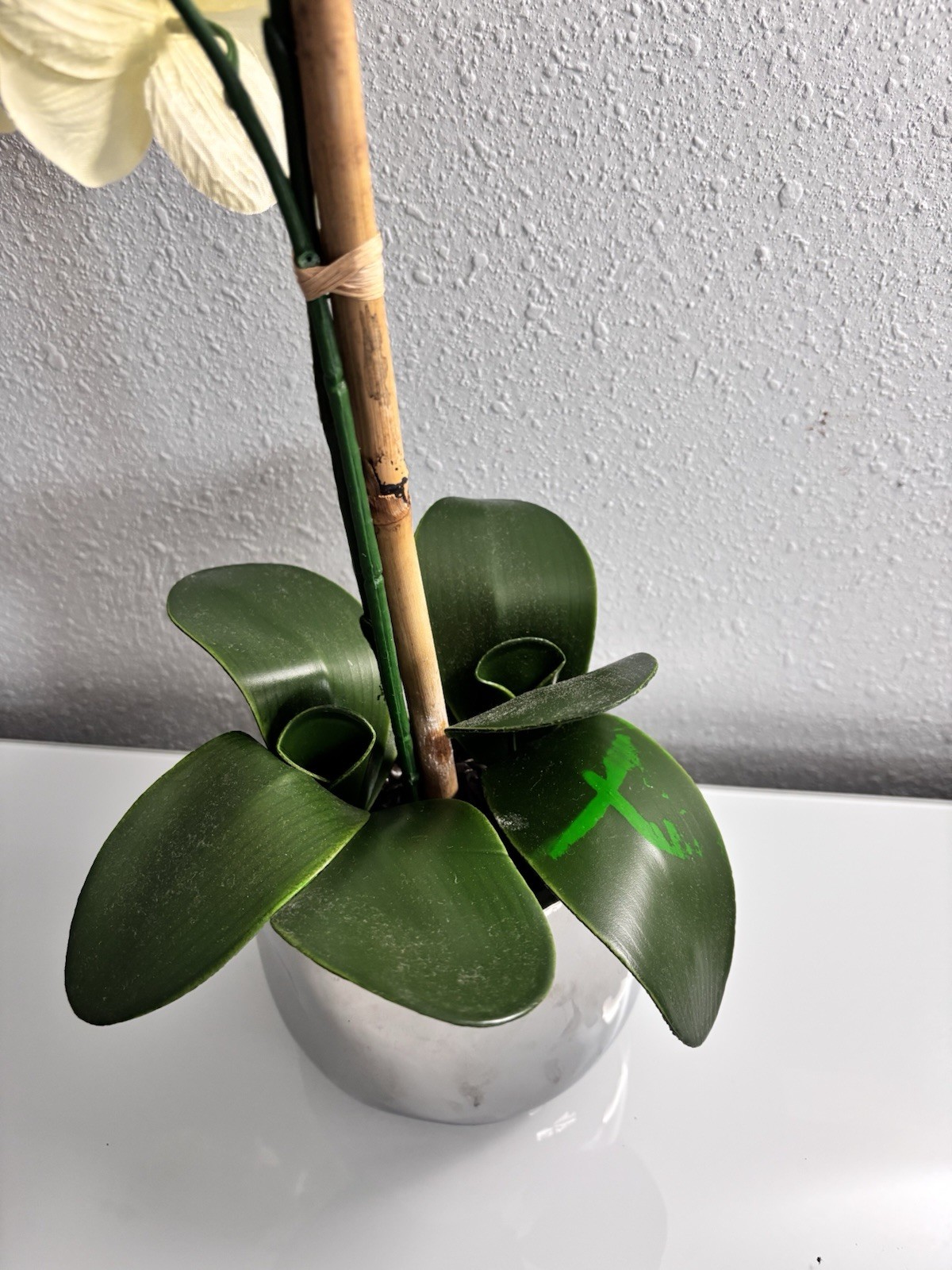 Artificial Yellow Orchid Silver Ceramic Pot Faux Phalaenopsis Floral 19”