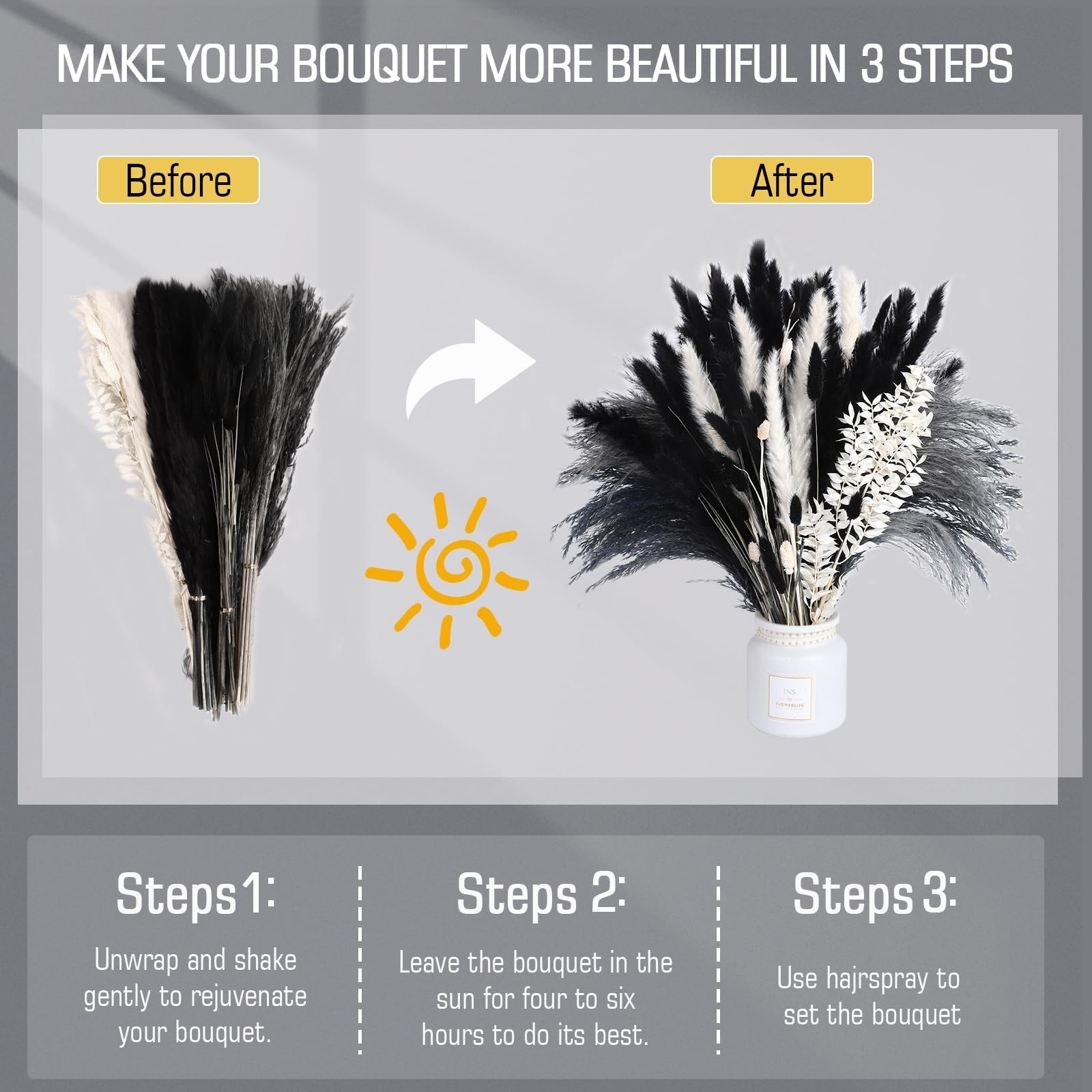 102PCS Dried Pampas Grass Bouquet – Black & White Natural Decor for Weddings, Bo