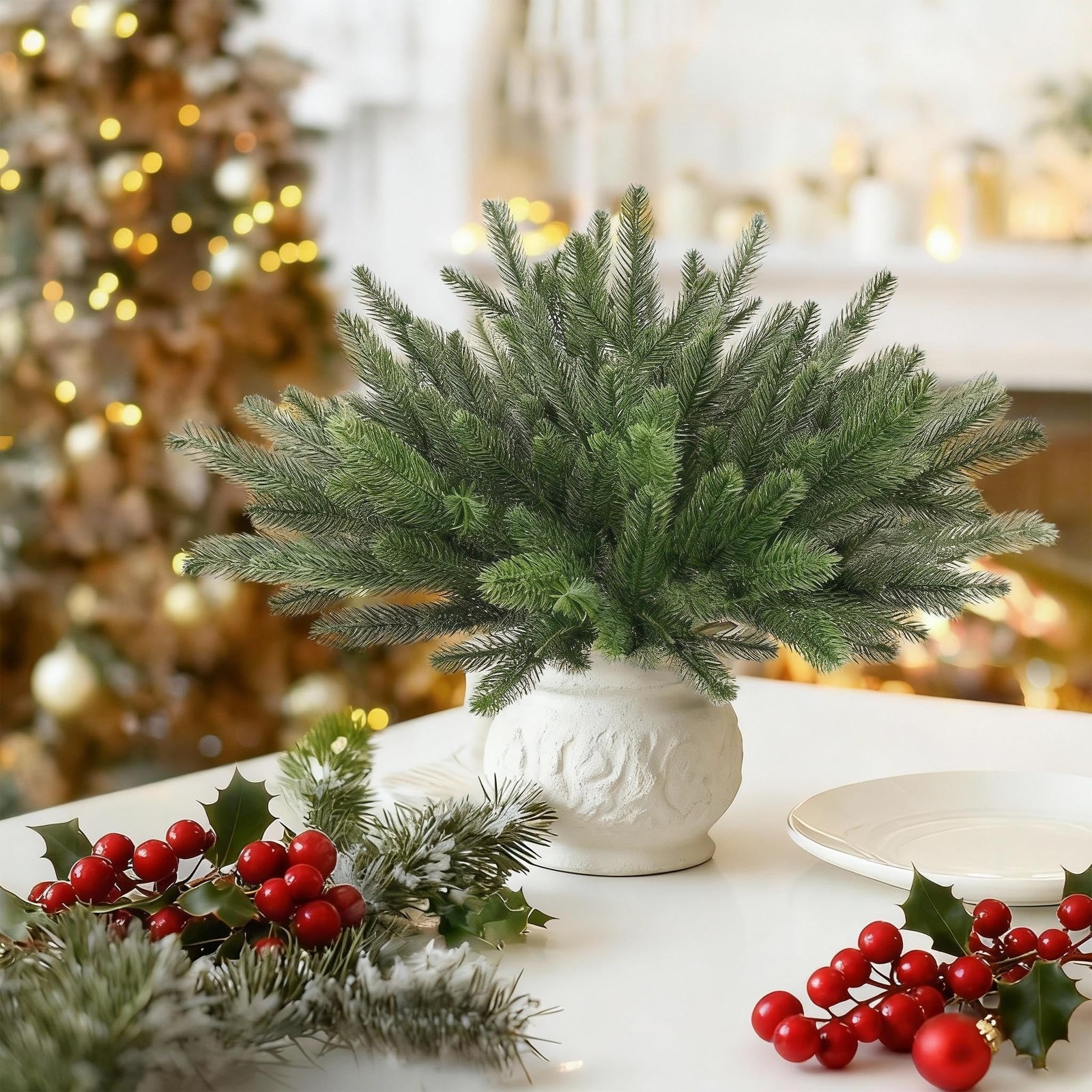 12 Bundles Artificial Pine Branches, Faux Christmas Cedar Greenery Stems