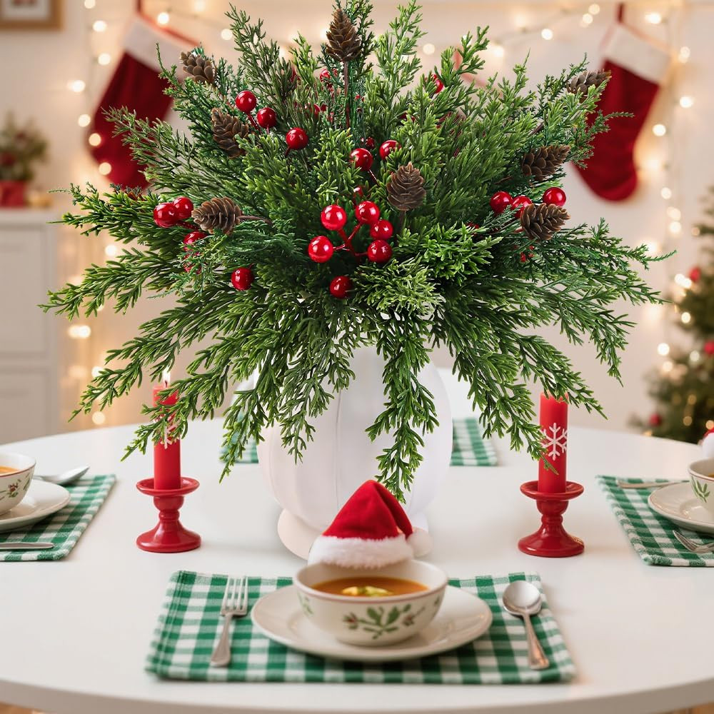 60 Pcs Christmas Artificial Pine Branches Red Berry Stems and Pine Cones, Fake F