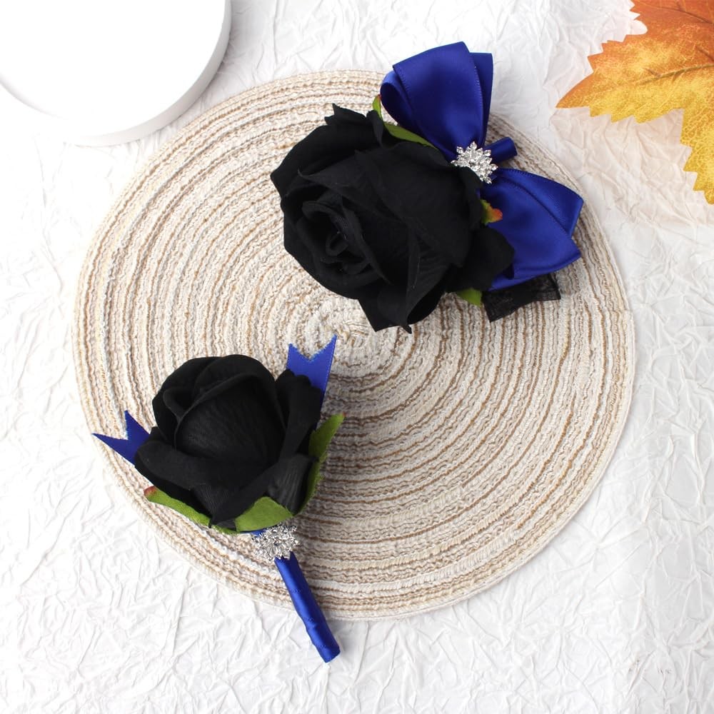 2 PCS Blue Black Rose Wrist Corsage Boutonniere Set Prom Party Homecoming