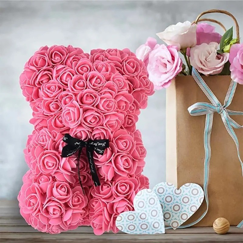25cm Artificial Teddy Rose Flower Bear with Box Romantic Valentines Day Gift Gir