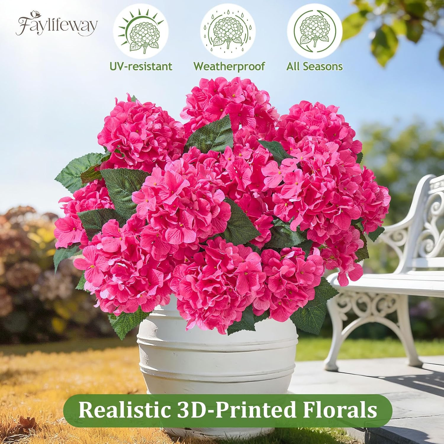 12 Heads Artificial Flowers for Outdoors, UV Resistant Faux Hydrangea Flowers fo